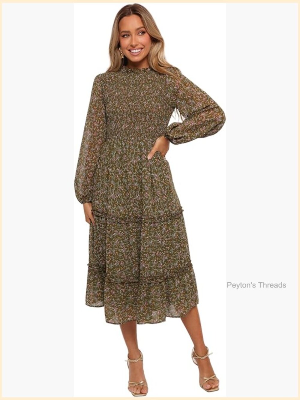 Shirred Frill Long Sleeve Midi Dress - A-Line, Button Closure, Floral Pattern